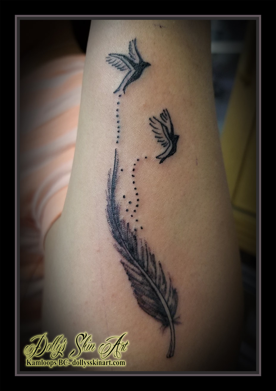 feather tattoo birds black and grey matching forearm shading tattoo kamloops dolly's skin art