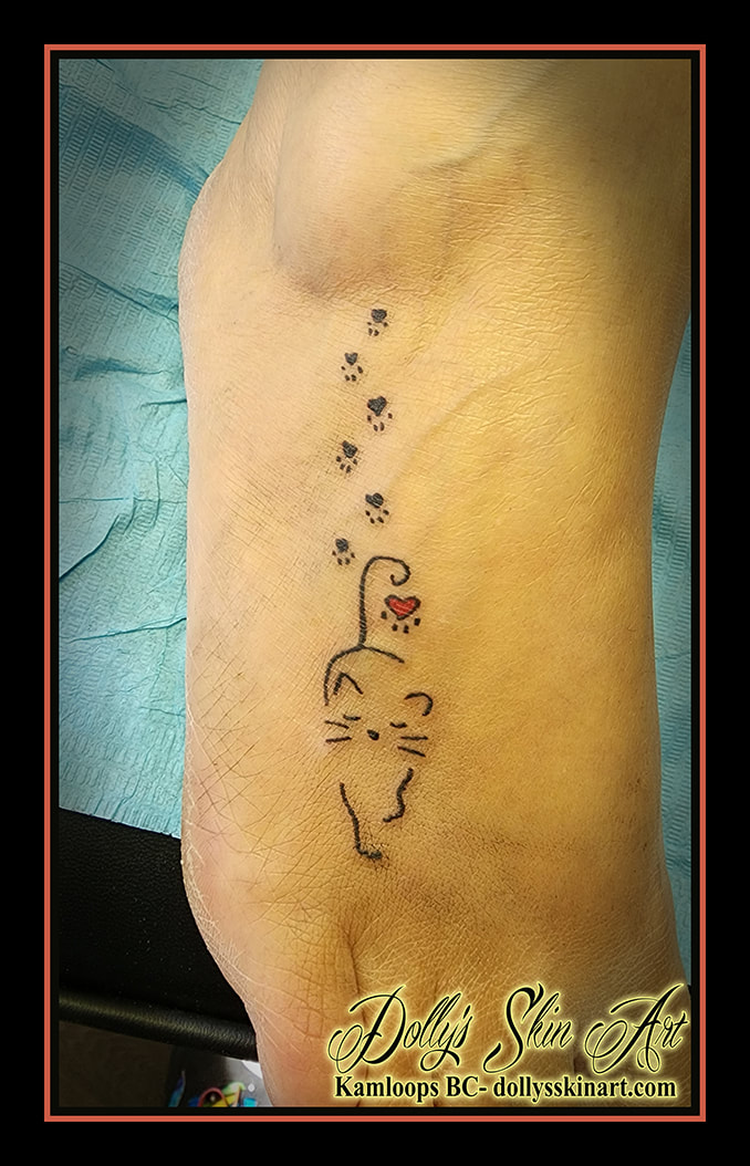 cat tattoo foot silhouette linework paw prints heart red tattoo dolly's skin art kamloops british columbia