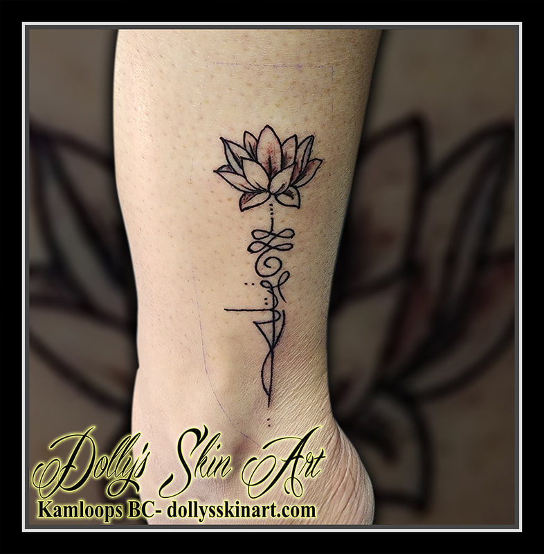 lotus unalome tattoo black leg small linework tattoo kamloops dolly's skin art