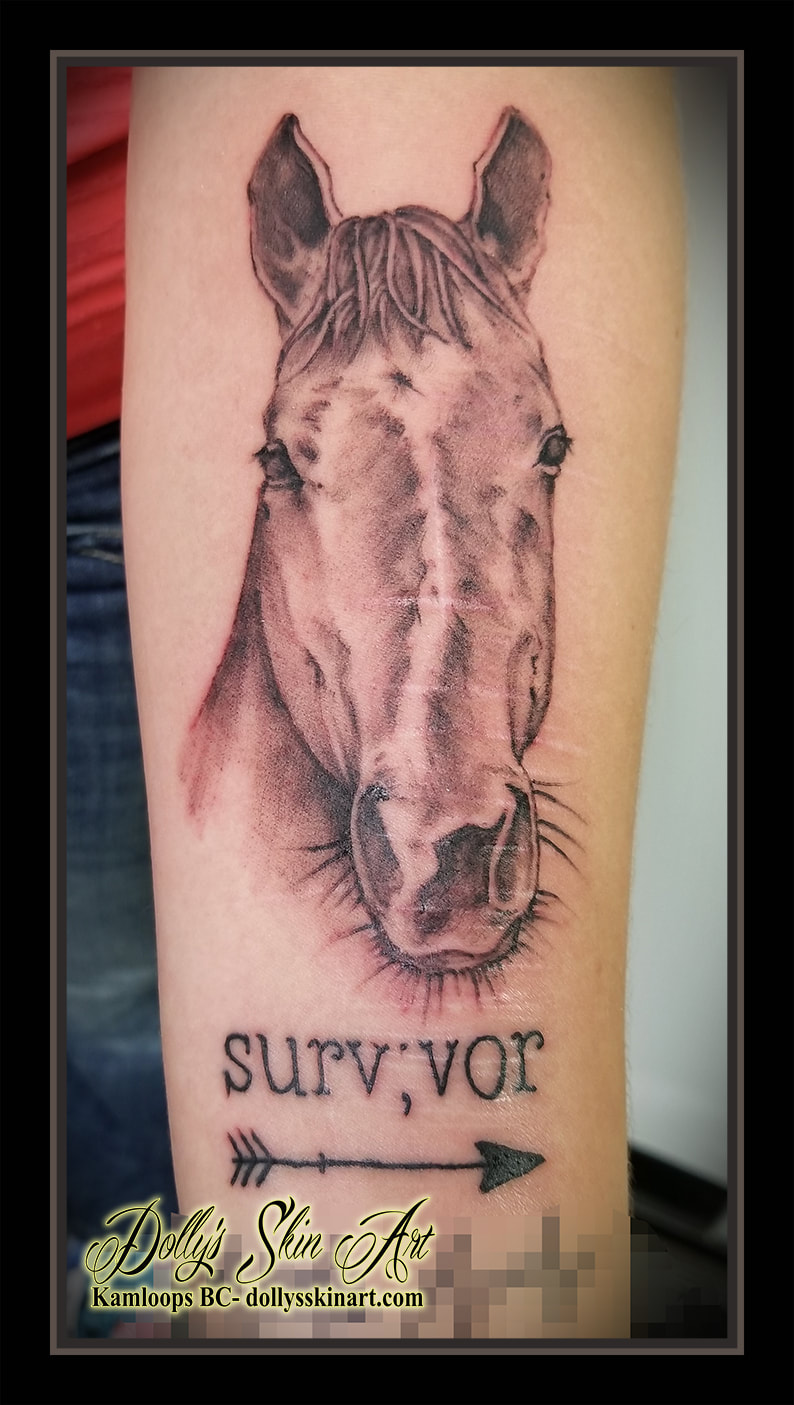 horse portrait tattoo black and grey shading photo forearm survivor surv;vor arrow semicolon tattoo kamloops dolly's skin art