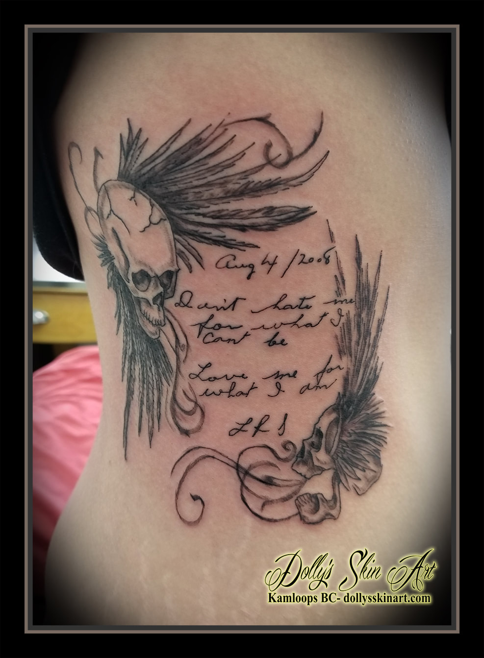 handwriting grandmother skulls feathers filigree ribs side black and grey tattoo kamloops tattoo dolly's skin art