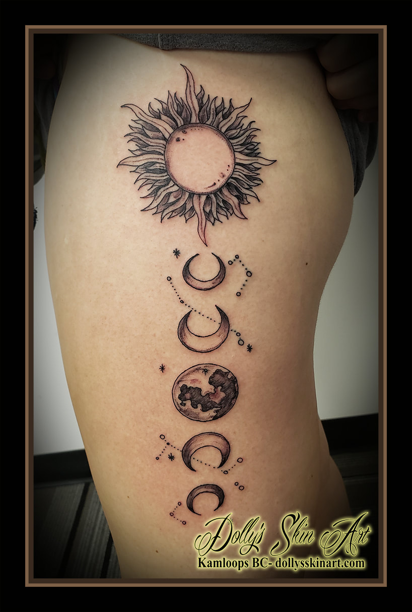 moon sun tattoo astrological astrology black and grey constellations shading dotwork leg sleeve thigh tattoo kamloops dolly's skin art