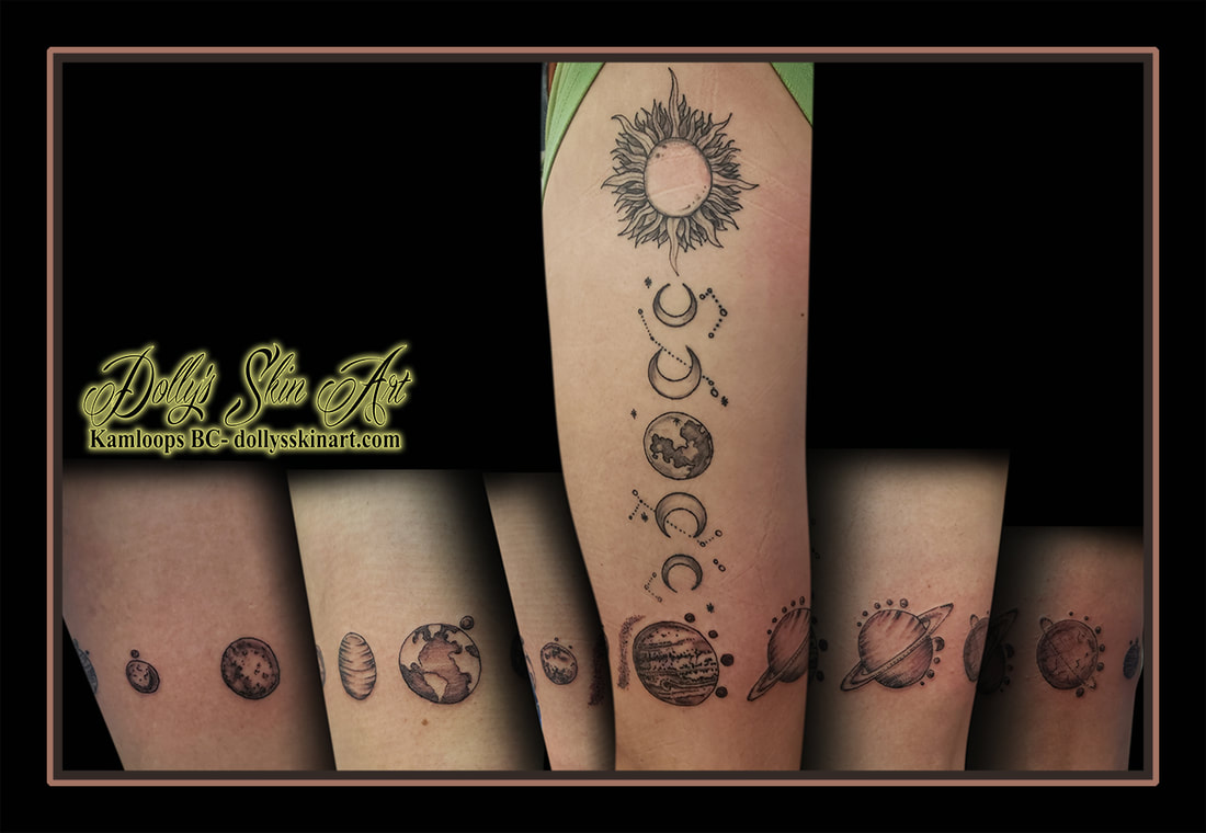 planet tattoo planetary solar system space black and grey shading linework dotwork constellation tattoo kamloops dolly's skin art
