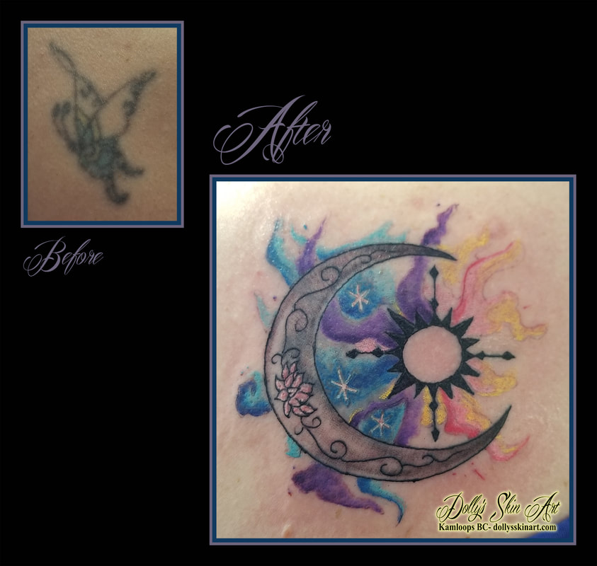 moon tattoo black blue purple yellow pink lotus water colour cover up tattoo kamloops dolly's skin art