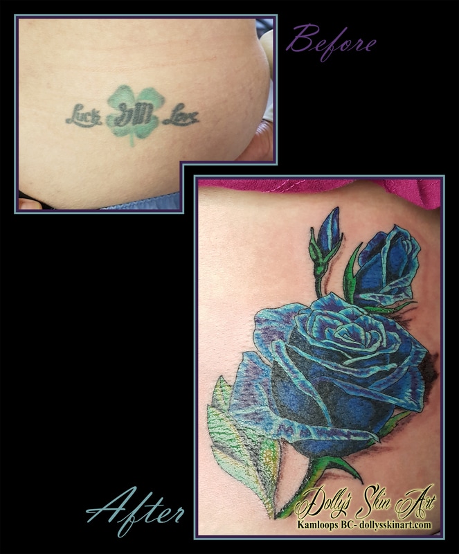blue and green rose roses cover up tattoo kamloops dolly's skin art