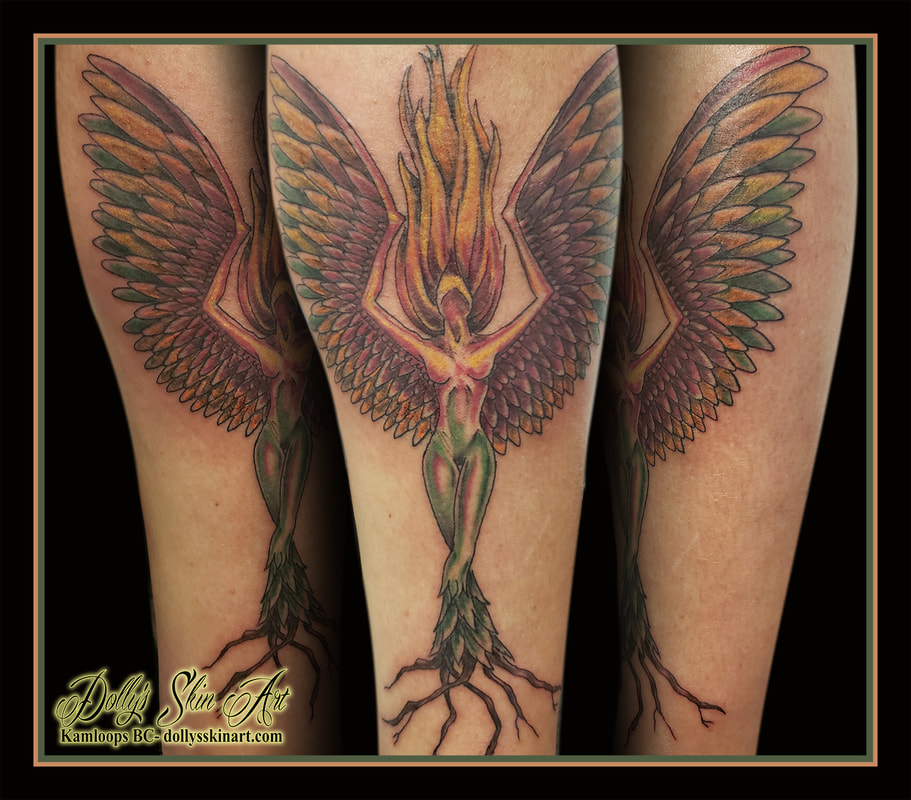 phoenix tattoo lady nature fire tree root wings colour yellow green red brown tattoo kamloops dolly's skin art