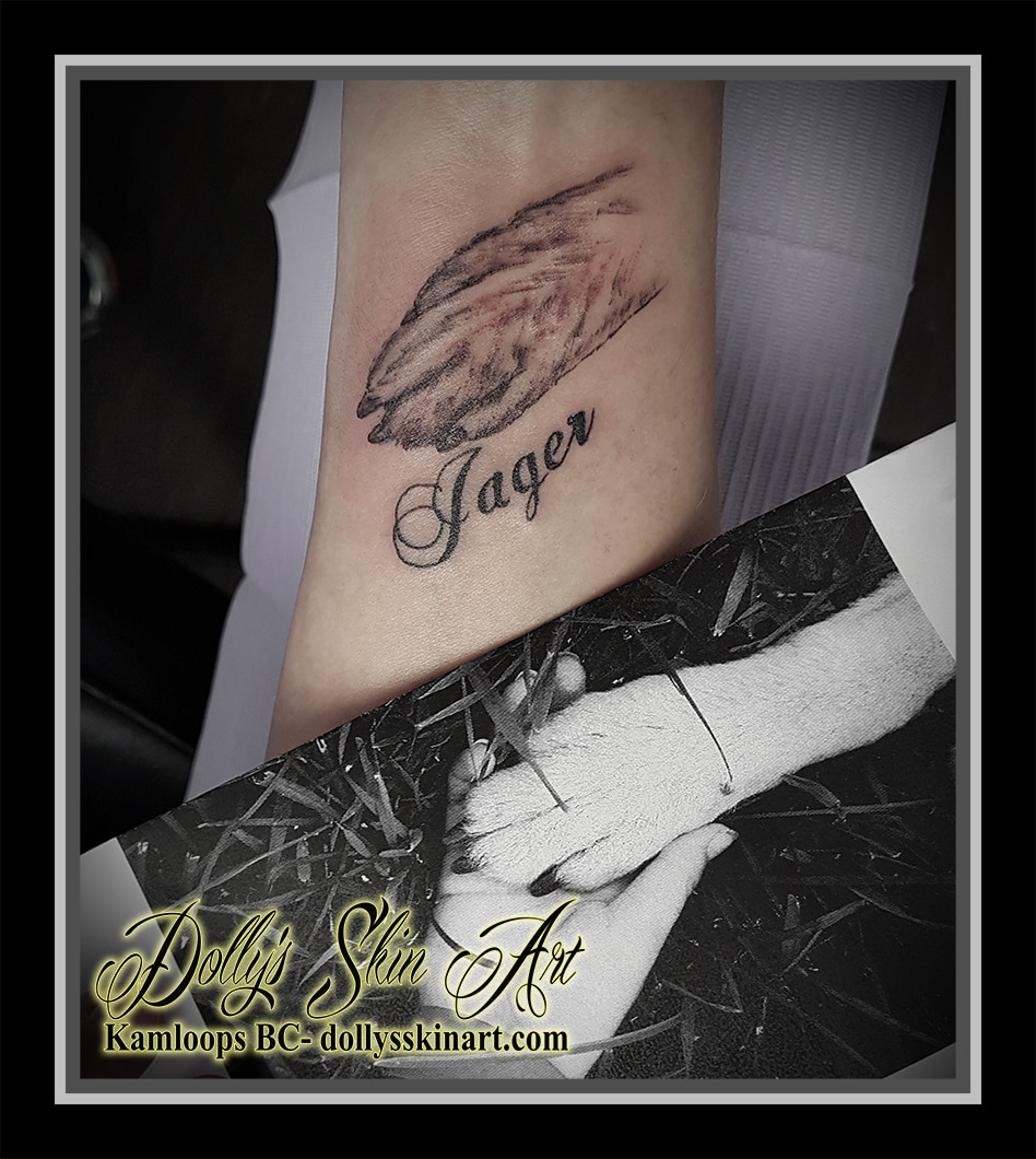 dog paw best friend black and grey shaded name font lettering tattoo kamloops dolly's skin art