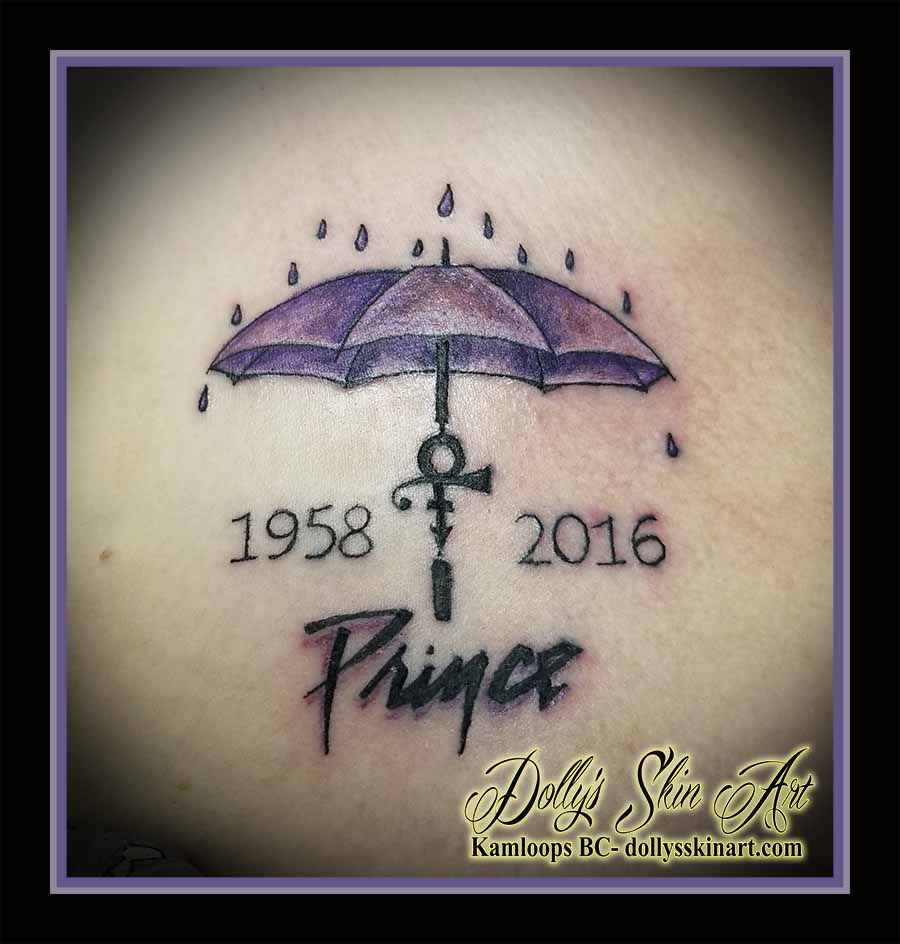 prince purple rain umbrella lettering colour script tattoo kamloops dolly's skin art