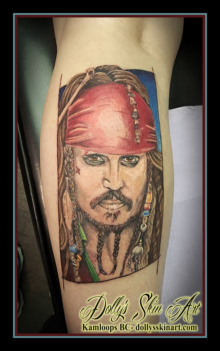 Captain Jack Sparrow tattoo Pirates of the Caribbean Johnny Depp colour red blue black green white yellow calf portrait tattoo dolly's skin art kamloops