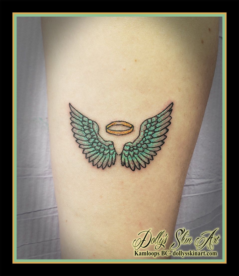 wings angel halo colour feathers yellow gold blue green white black tattoo kamloops dolly's skin art