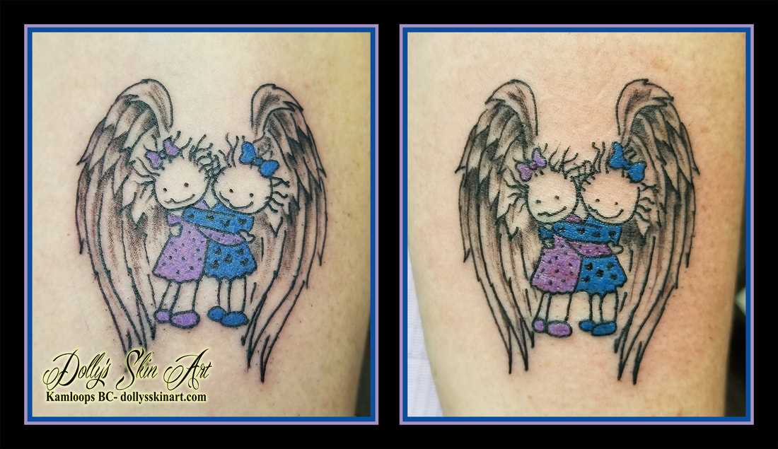 matching sister memorial hug wings colour shaded purple blue tattoo kamloops dolly's skin art