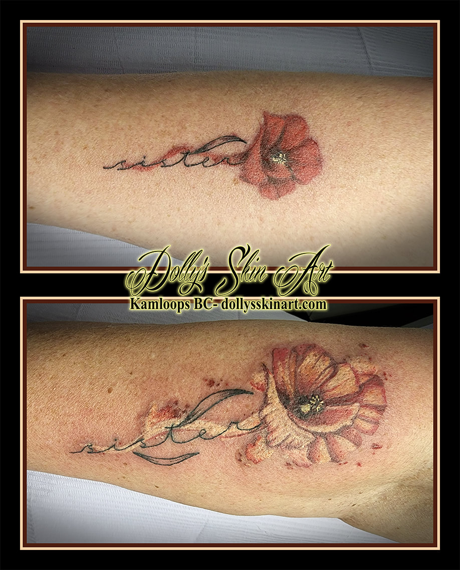 water colour poppy sisters matching flower arm red white yellow black tattoo dolly's skin art kamloops