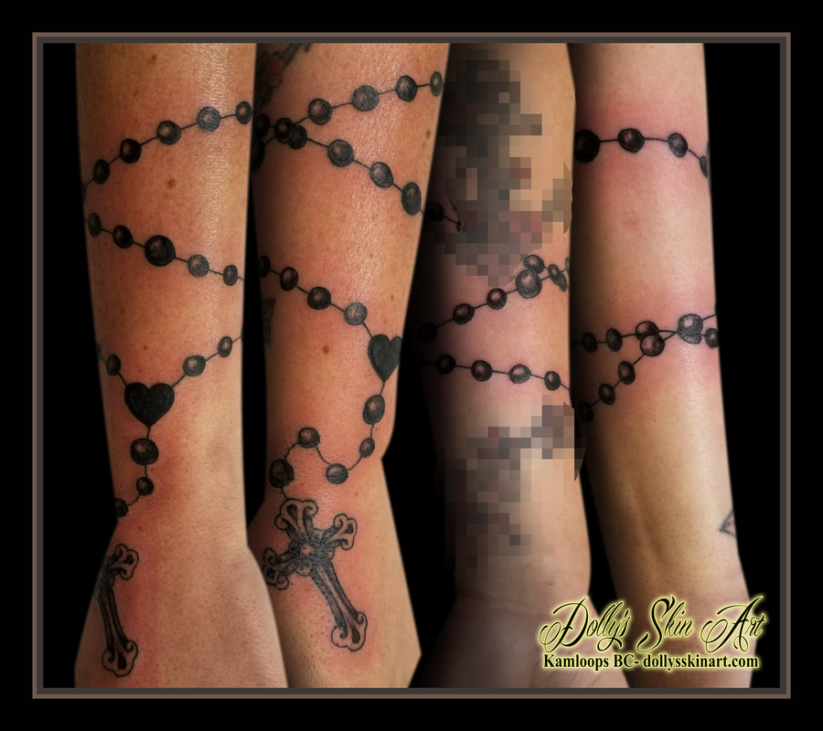 rosary black and grey shading heart arm wrist hand wrap around tattoo kamloops tattoo dolly's skin art