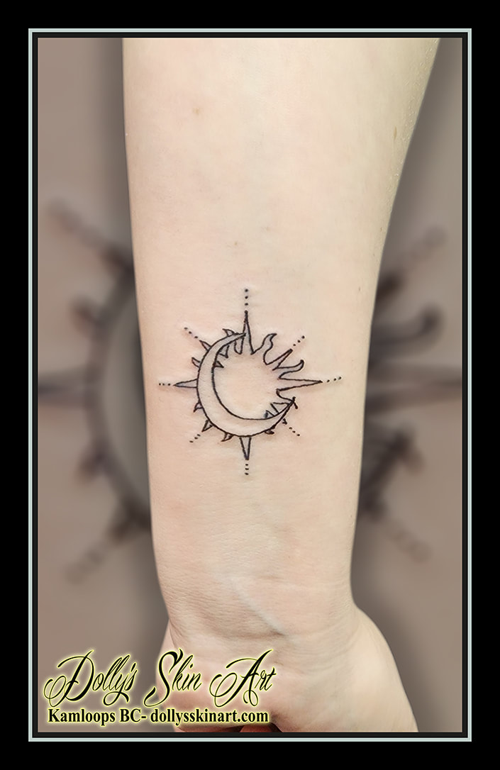 sun moon tattoo linework forearm black wrist tattoo dolly's skin art kamloops british columbia