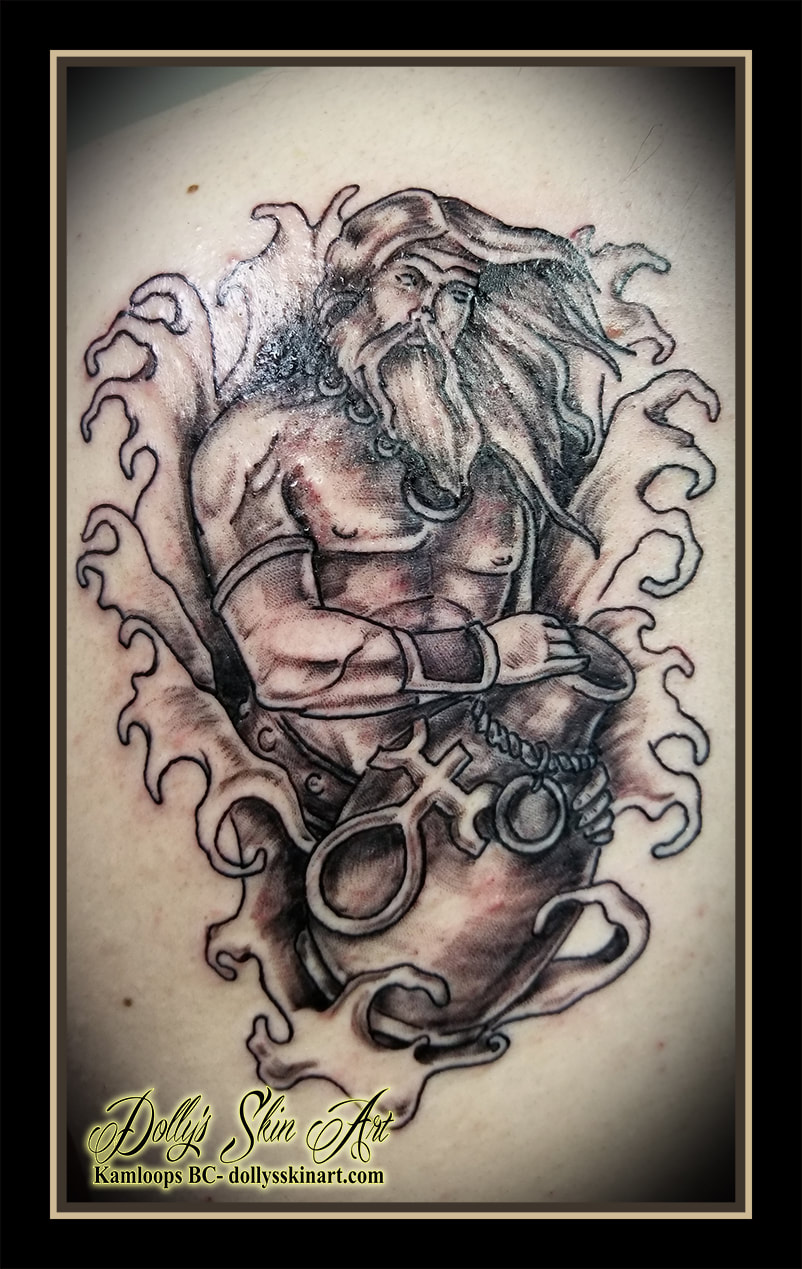 poseidon tattoo black and grey mythical greek god mount shading linework torso tattoo kamloops dolly's skin art