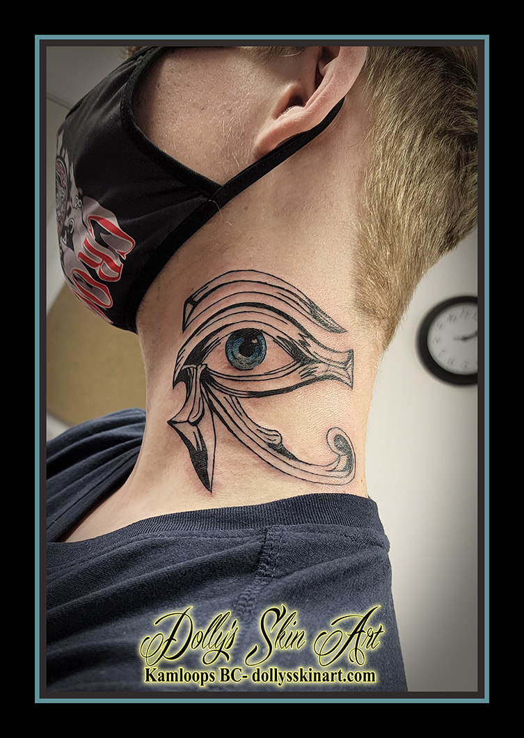 Eye of Horus tattoo eqypt egyptian eye neck black blue tattoo dolly's skin art kamloops