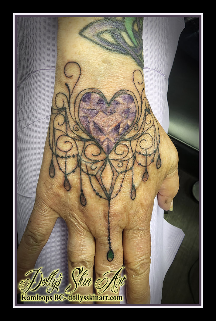 gem tattoo cuff chandelier black purple white pink filigree hand tattoo dolly's skin art kamloops
