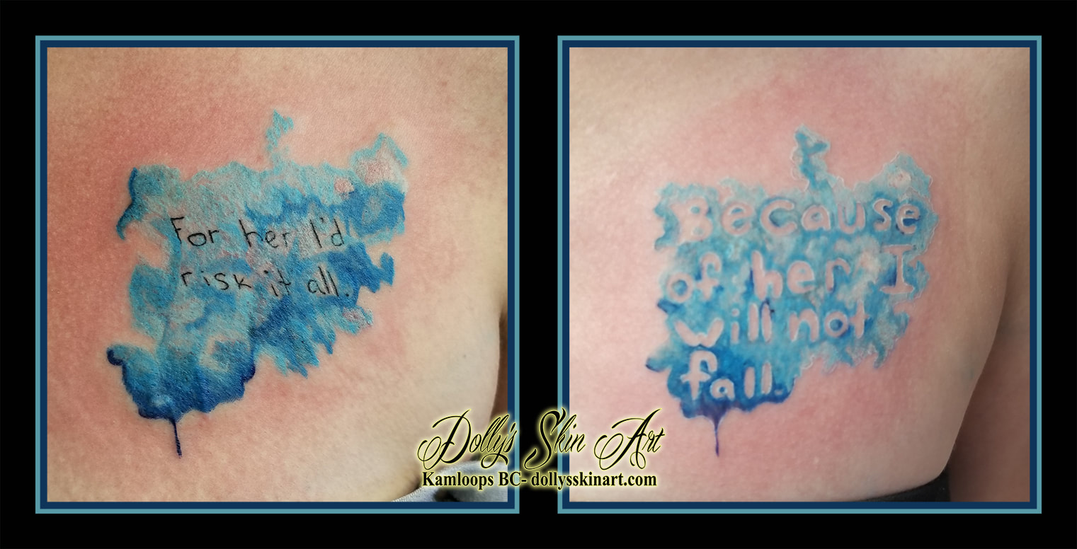 blue water colour color sister handwriting for her i'd risk it all because of her i will not fall lettering font script chest tattoo kamloops tattoo dolly's skin art