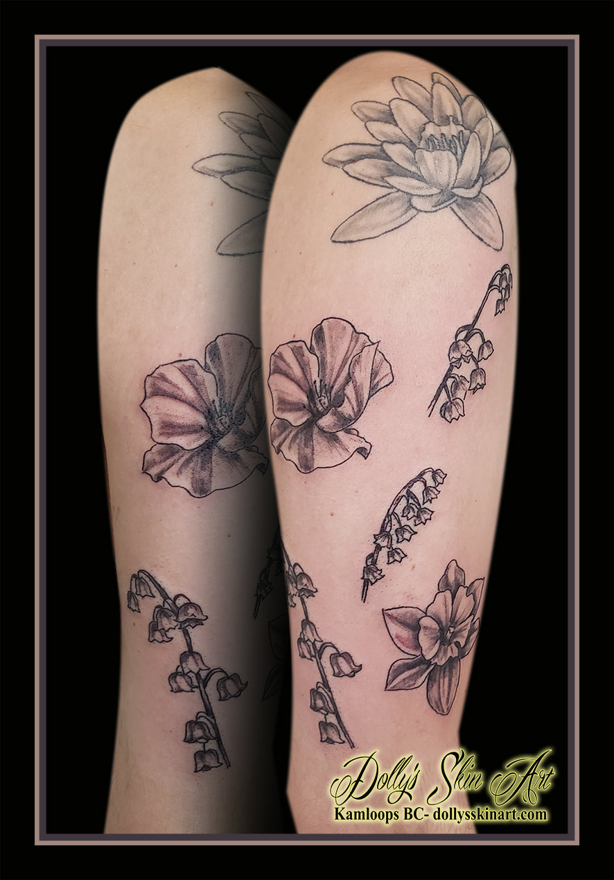flowers tattoo floral blossom black and grey shading tattoo kamloops dolly's skin art