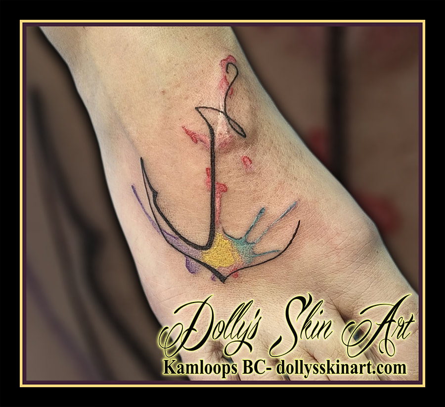 anchor tattoo foot water colour abstract black yellow blue purple pink red white colour tattoo kamloops dolly's skin art