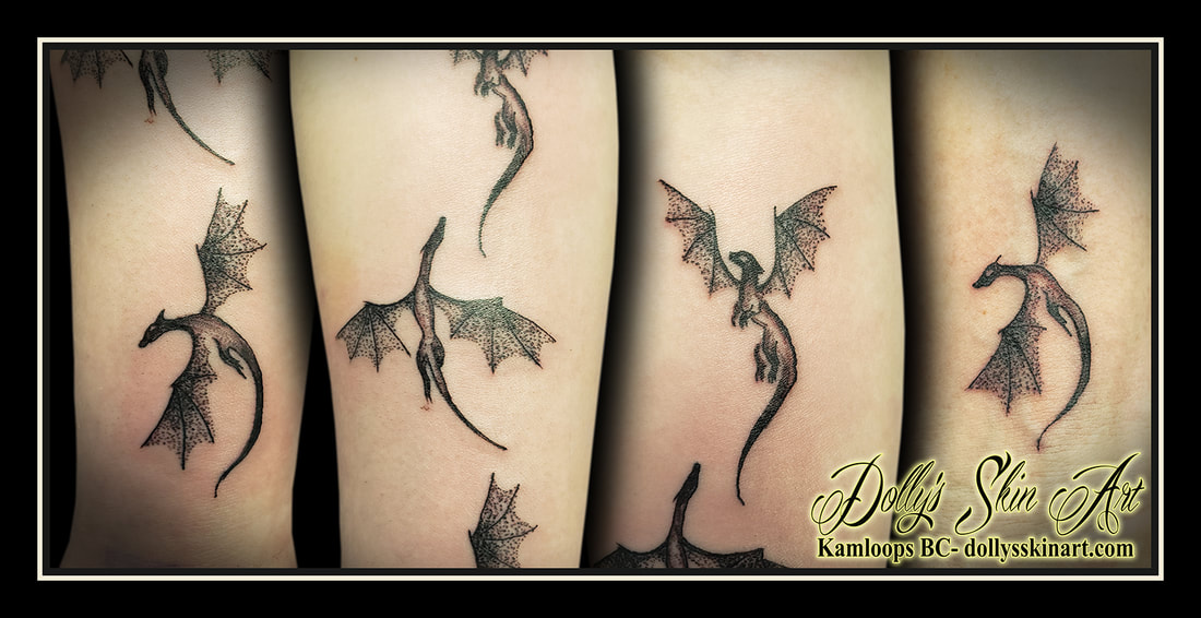 dragon tattoo small matching family black and grey shading linework dotwork forearm tattoo dolly's skin art kamloops