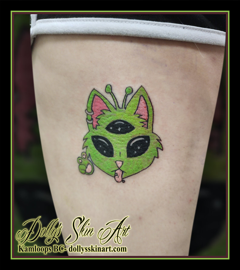 alien cat tattoo green pink black grey white tattoo kamloops dolly's skin art