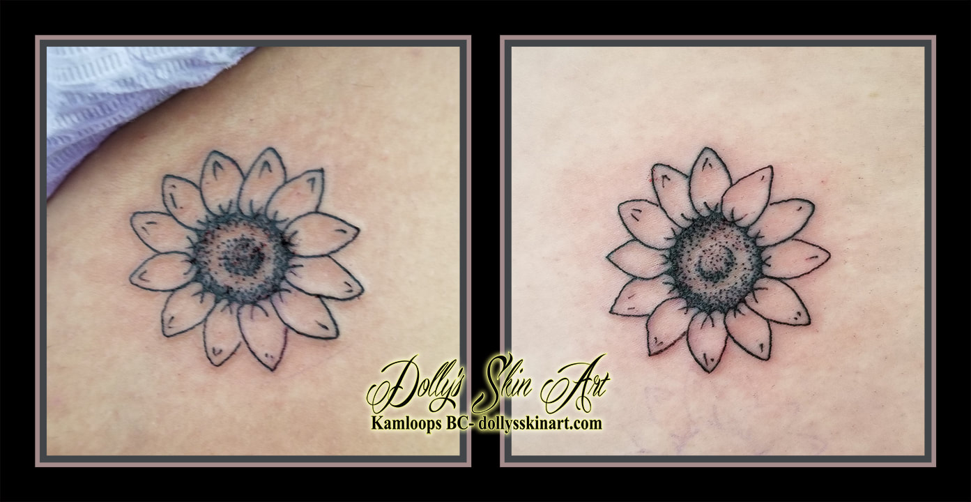 sunflower black and grey small simple linework stippling matching friends tattoo kamloops tattoo dolly's skin art