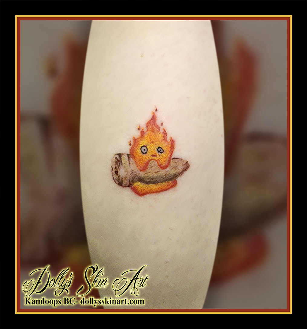 calcifer tattoo Howl's Moving Castle colour red orange yellow brown black tattoo kamloops dolly's skin art