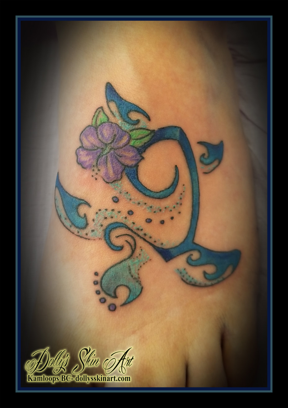turtle tribal tattoo colour swimming blue flower bubbles purple green black foot tattoo kamloops dolly's skin art
