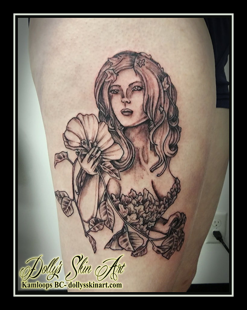 Poison Ivy tattoo black and grey shading leg face pinup dc comics batman tattoo dolly's skin art kamloops