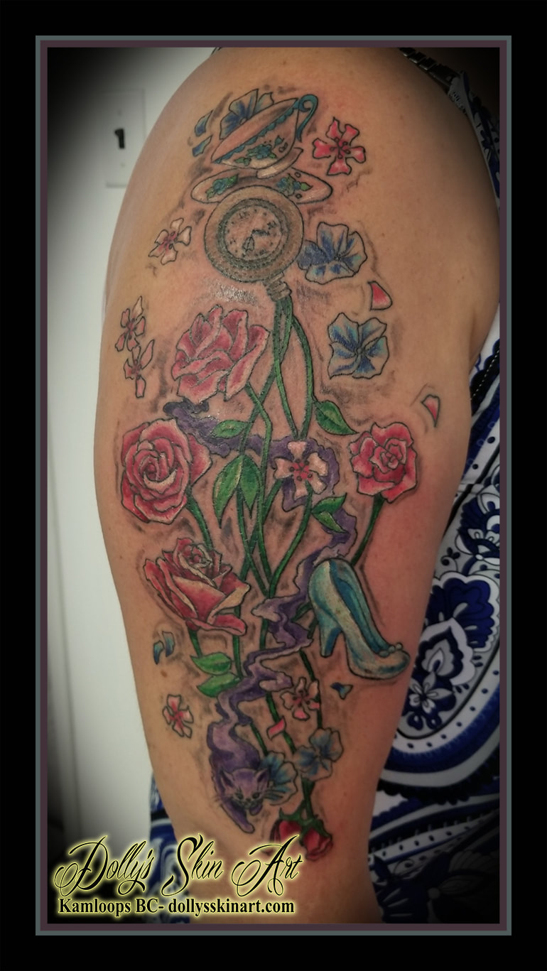 disney tattoo roses cheshire cat glass slipper pocketwatch blossoms tea cup saucer colour blue pink green white purple shoulder arm tattoo kamloops dolly's skin art