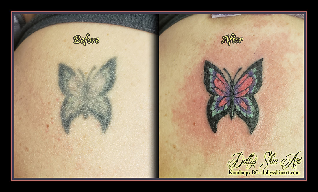 butterfly tattoo colour blue purple pink black white before and after redo refresh rejuvenate tattoo dolly's skin art kamloops