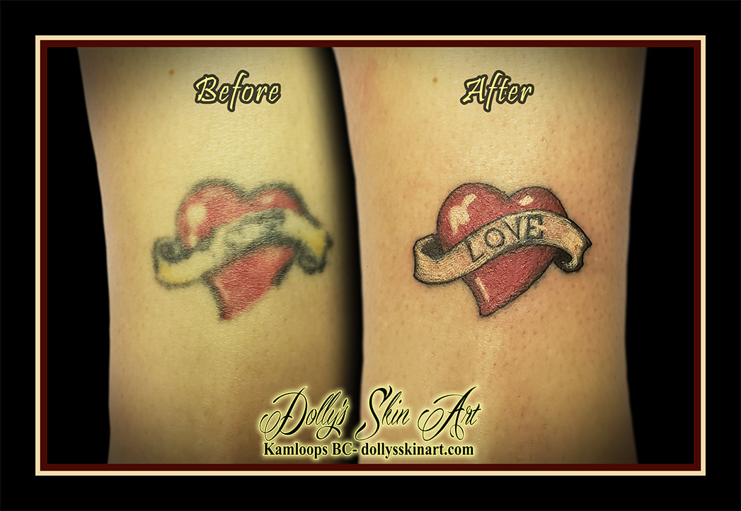 heart love tattoo cover up redo rejuvenate refresh red white black banner tattoo dolly's skin art kamloops