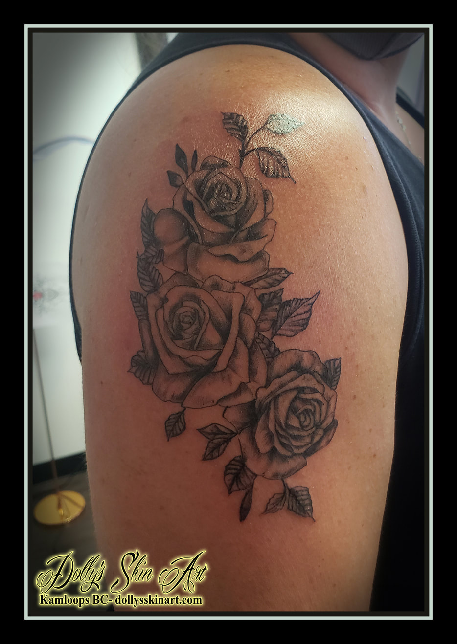 roses tattoo black and grey floral shading rose shoulder tattoo kamloops dolly's skin art