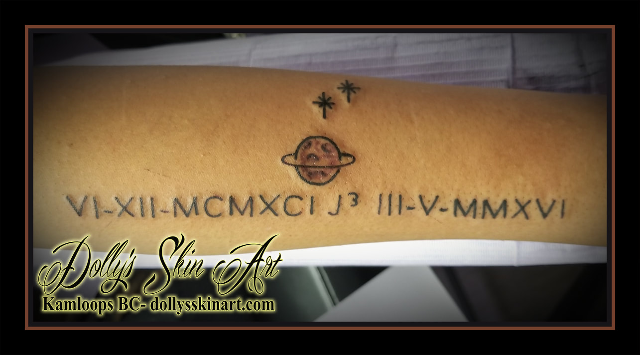 roman numerals vi xii mcmxci j3 iii v mmxvi black lettering font dates memorial planet ring red stars forearm first tattoo kamloops dolly's skin art