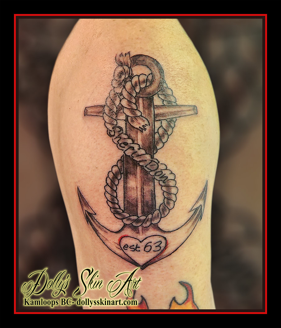 anchor tattoo black and grey shading linework rope est 63 heart red shoulder arm tattoo kamloops dolly's skin art