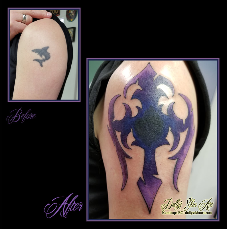 purple cross tattoo gradient cover up shoulder blue purple black coverup tattoo kamloops dolly's skin art