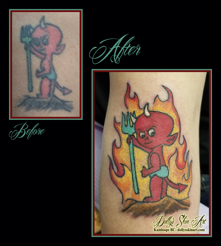 hot stuff tattoo rejuvenate refresh redo cover up animated cartoon devil colour red yellow blue fire brown tattoo kamloops dolly's skin art