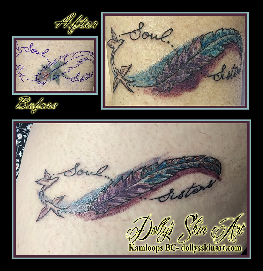 soul sisters tattoo birds feather infinity blue purple black matching tattoo dolly's skin art kamloops