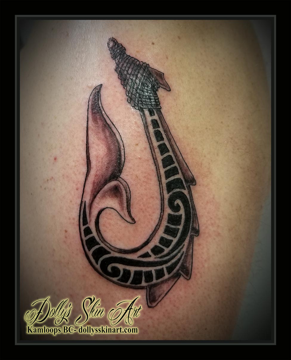 black shaded tribal style fish whale hook rope small tattoo kamloops dolly's skin art