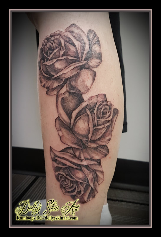 black and grey shaded three 3 flowers roses calf leg tattoo kamloops dolly's skin art