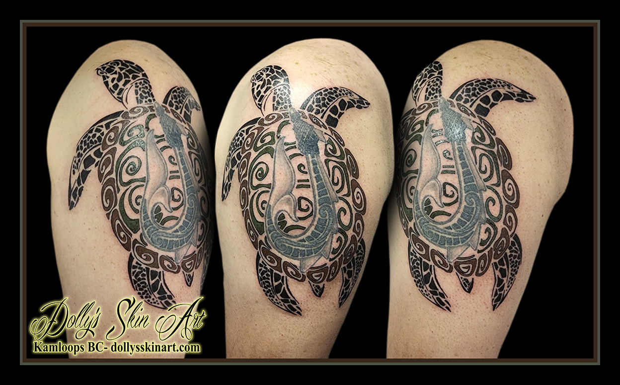 turtle tattoo tribal style black brown green colour arm shoulder tattoo dolly's skin art kamloops