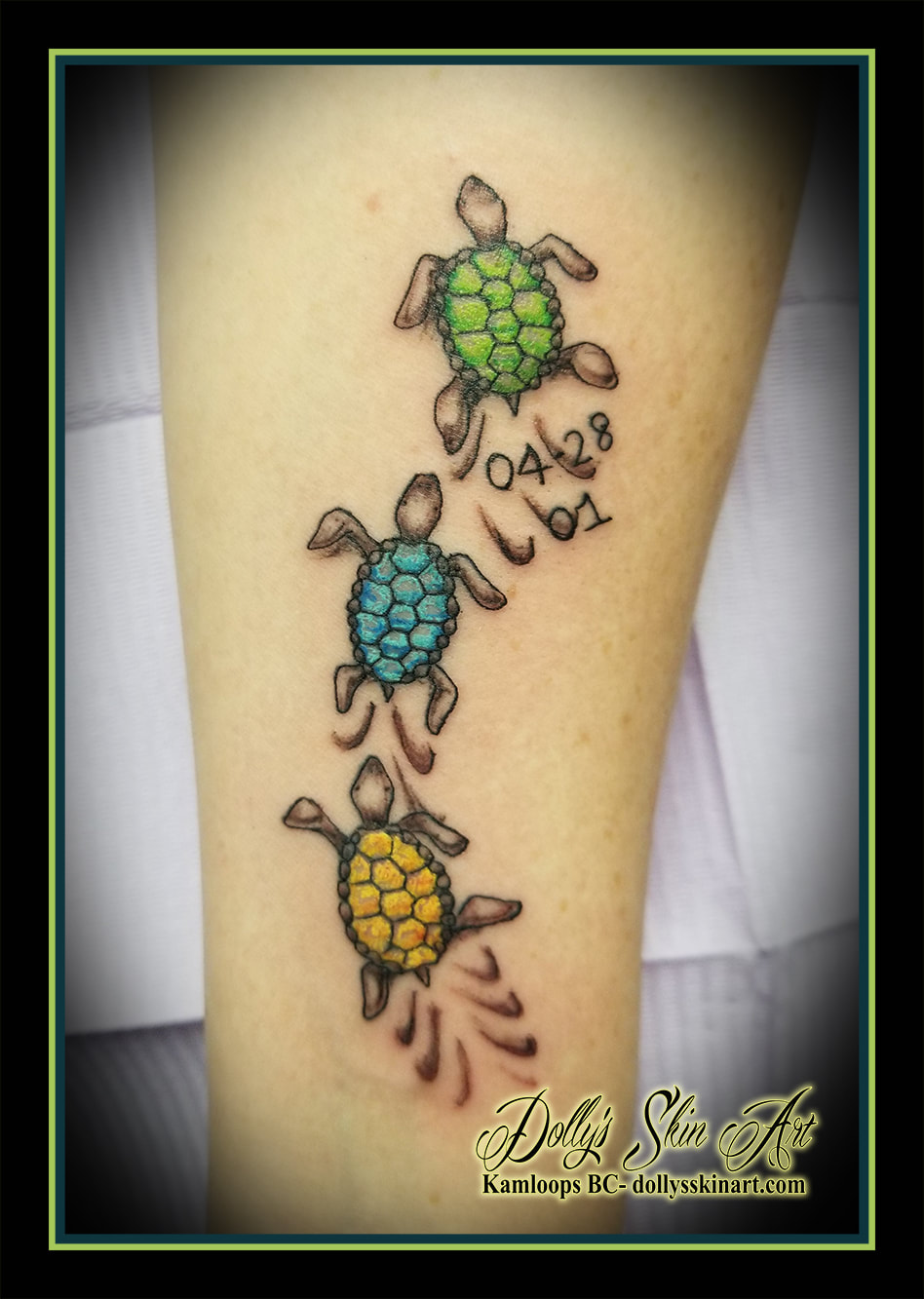 turtle tattoo colour birthstone green blue yellow black children swimming tattoo kamloops dolly's skin art