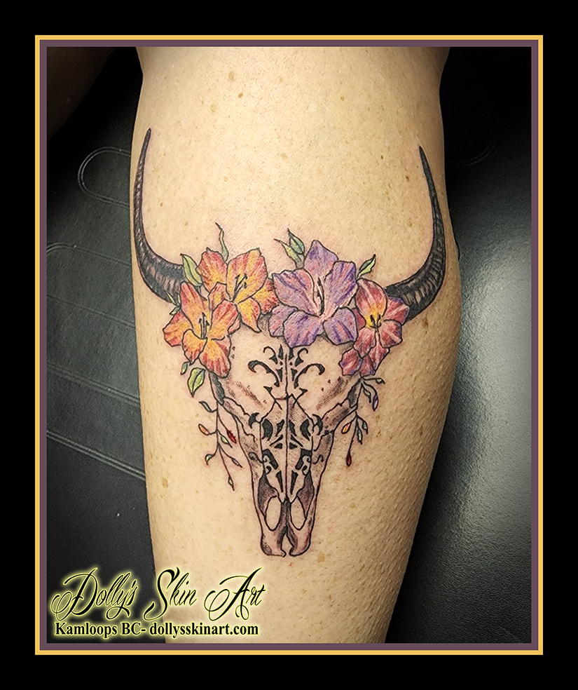 bull skull tattoo colour flowers red yellow purple pink brown green white tattoo dolly's skin art kamloops