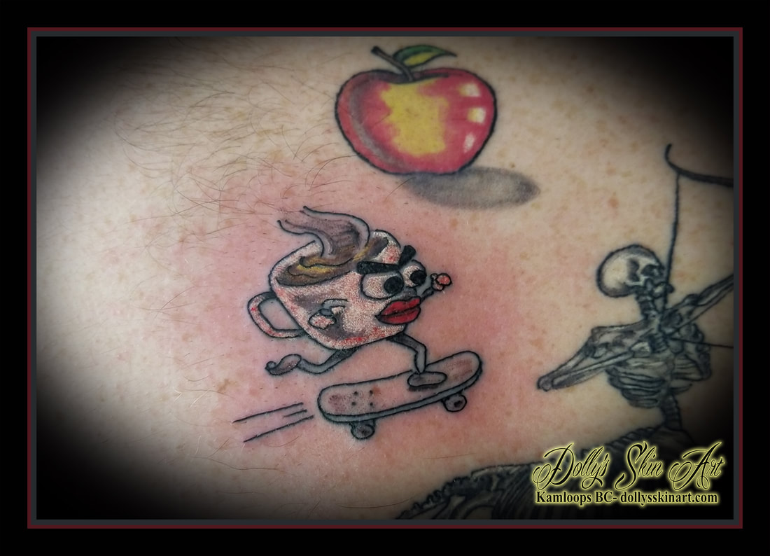 coffee cup tattoo skateboard face wax lips steam black and grey red white tattoo kamloops dolly's skin art