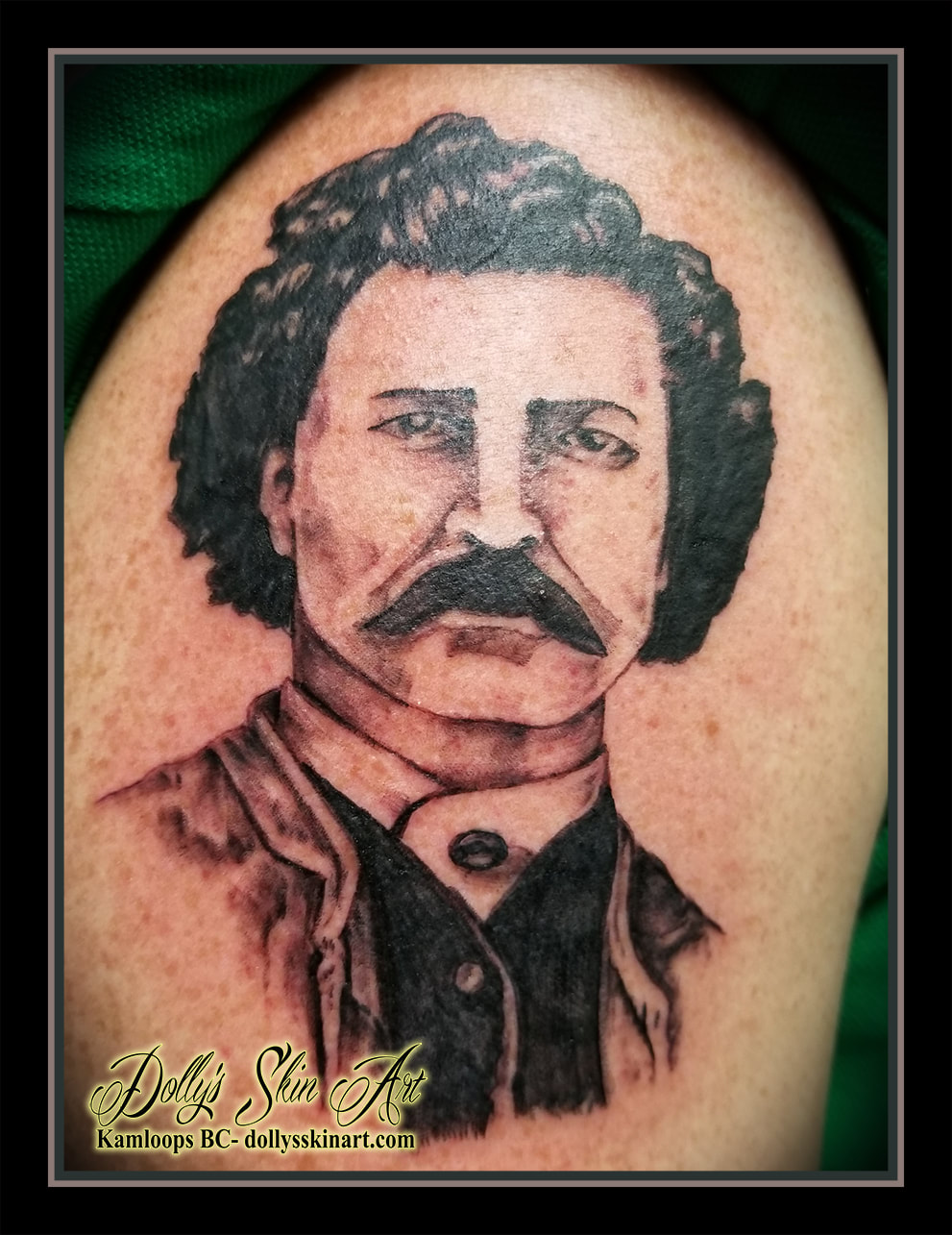 black and grey Louis Riel portrait etching carte de visite manitoba métis shoulder tattoo kamloops tattoo