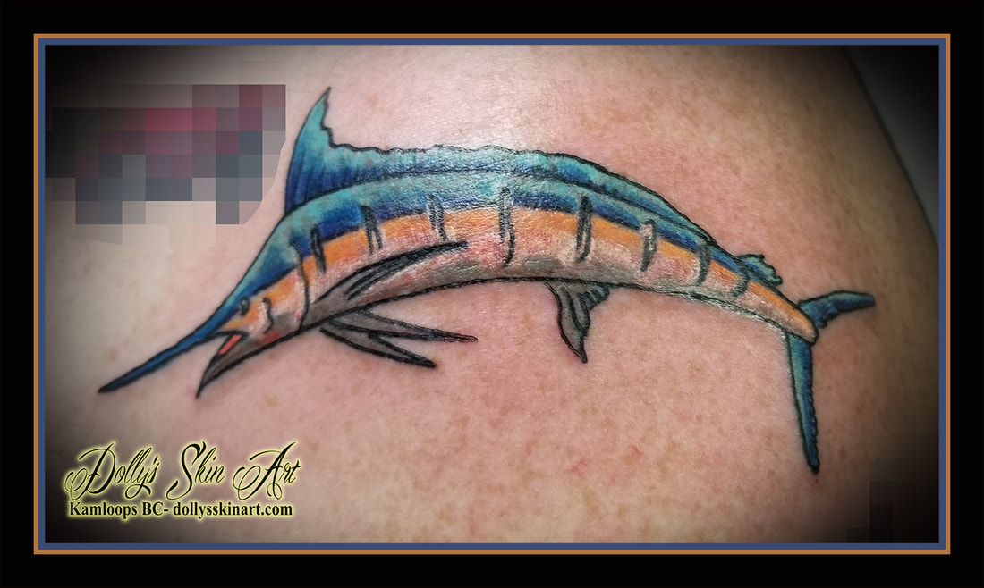 marlin tattoo colour blue yellow white black small shoulder tattoo kamloops dolly's skin art