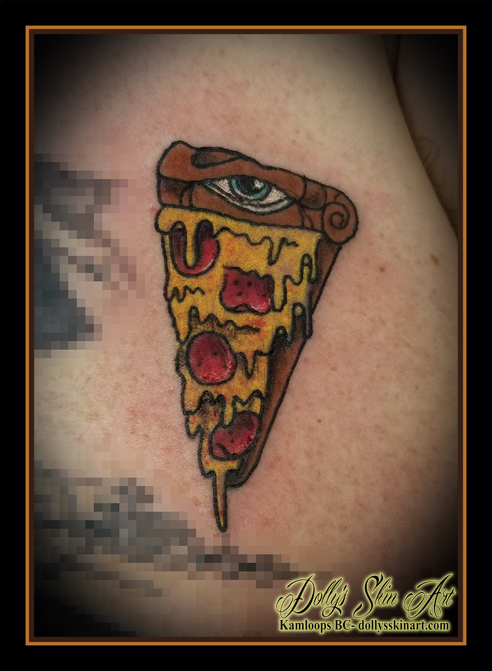 pizza pepperoni cheese eye eyeball colour slice red yellow brown black small tattoo kamloops tattoo dolly's skin art