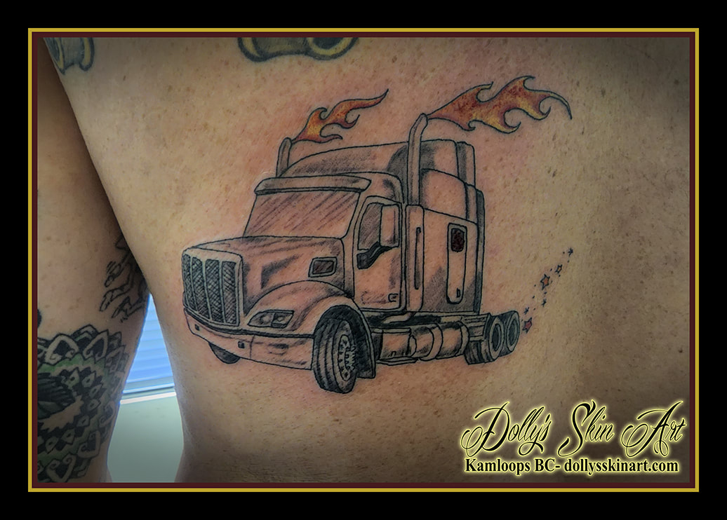 truck tattoo semi tractor black and grey memorial tribute friend flames exhaust yellow red orange tattoo dolly's skin art kamloops