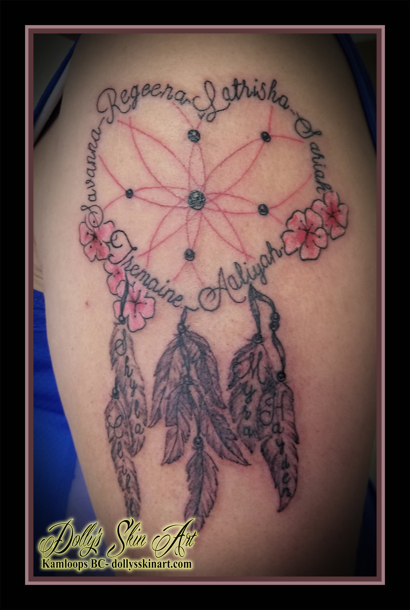 dream catcher tattoo family heart feathers cherry blossom black pink lettering children names shoulder tattoo kamloops dolly's skin art